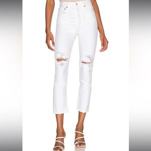 Agolde Riley High Rise Straight Crop in Slant White with Distressing